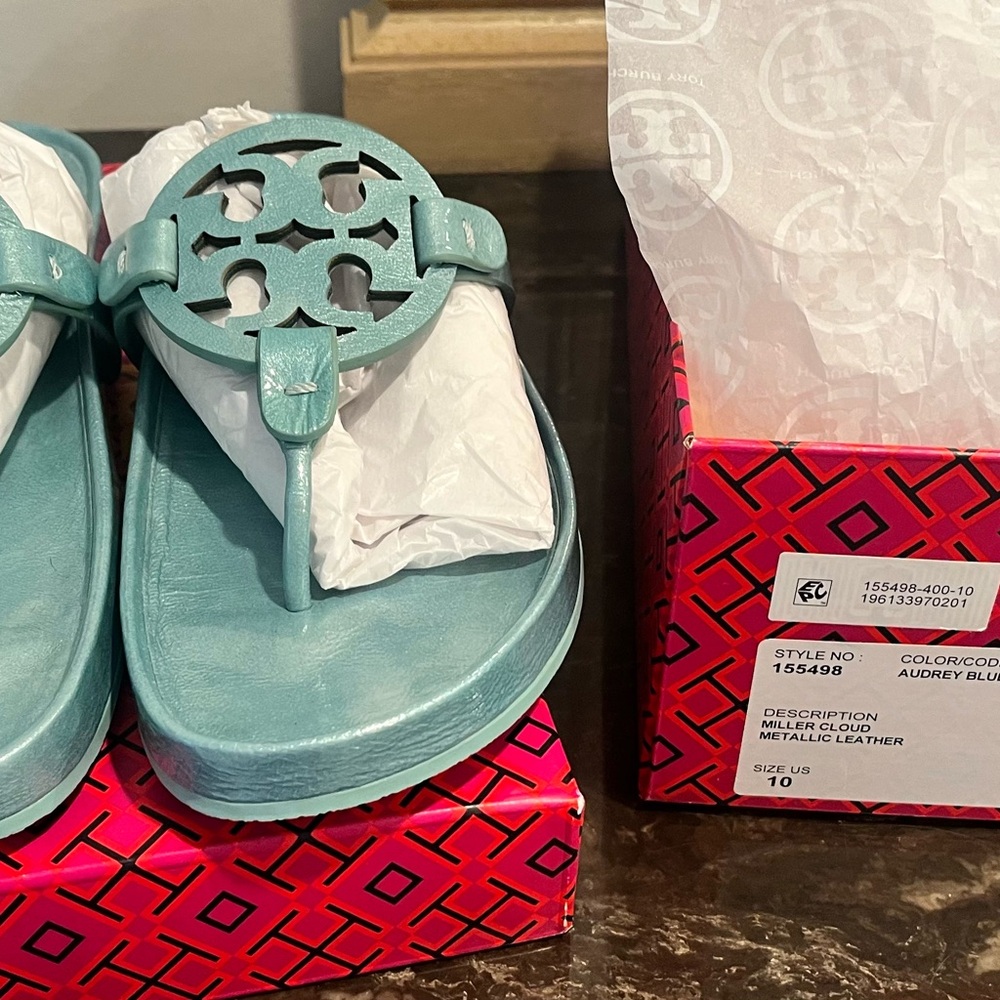 Tory Burch Miller Cloud Sandals metallic blue 10 Audrey Blue $225 - Picture 2 of 8